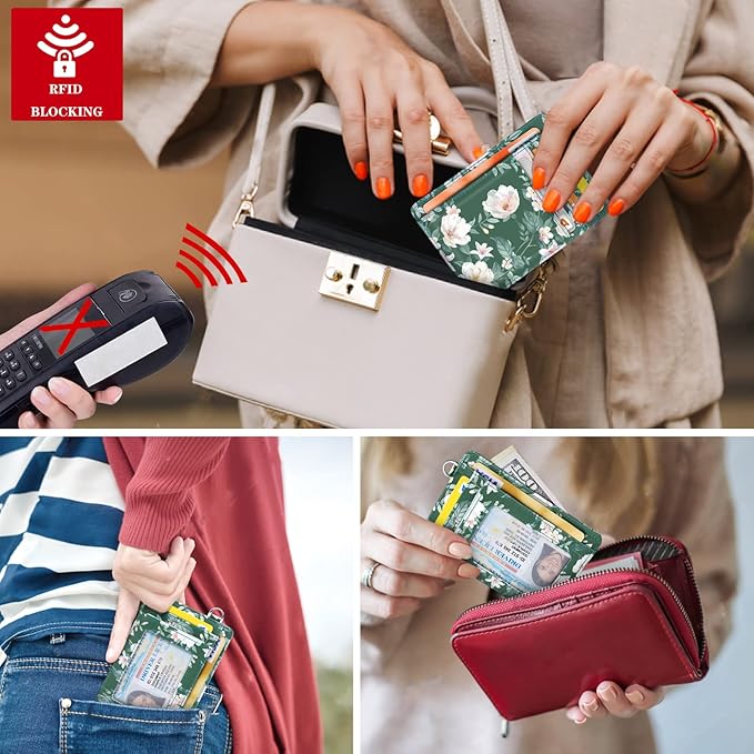 Coco Rossi Slim Front Pocket Wallet RFID ID Card Holder Cute Small Wallet with Keychian for Women, Alpine Green