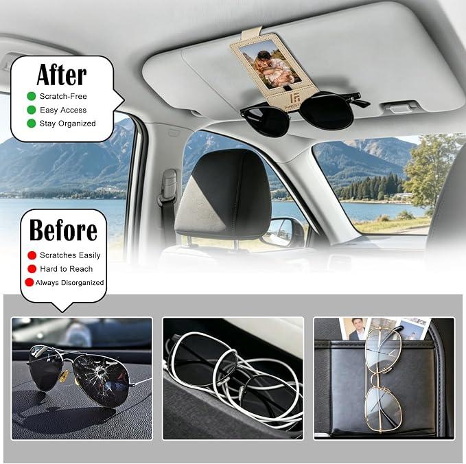 Magnetic 2-in-1 Sunglass & Photo Holder for Car Visor, Leather Anti-Slip No-Fall No-Slide, Fits SUV Truck RV