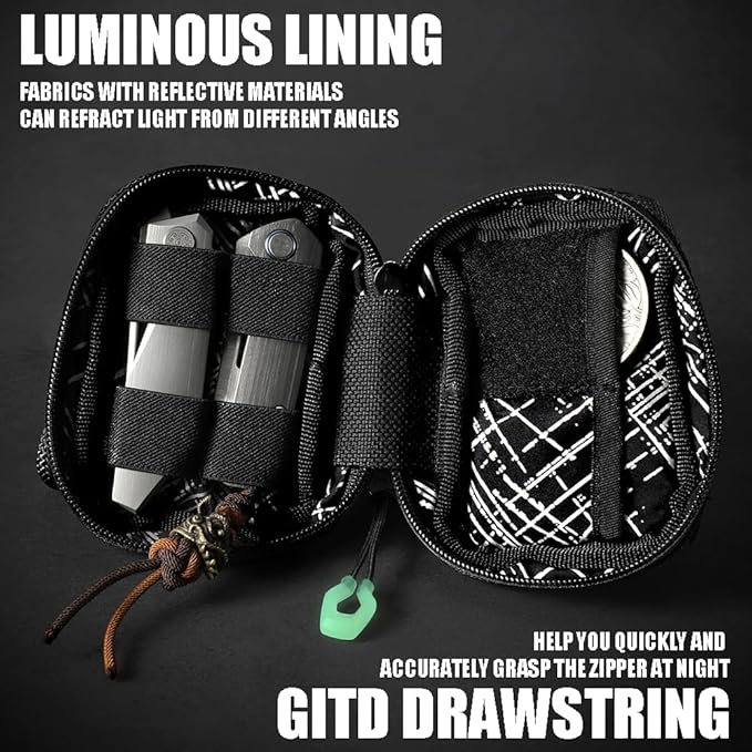 EDC Pouch,Nylon Pocket Organizer for 4.21" Folding Knife Sheath,Small Organizer Pouch Multitool Bags,GITD Drawstring and Titanium Keychain Accessories (patch not included)(Grey)