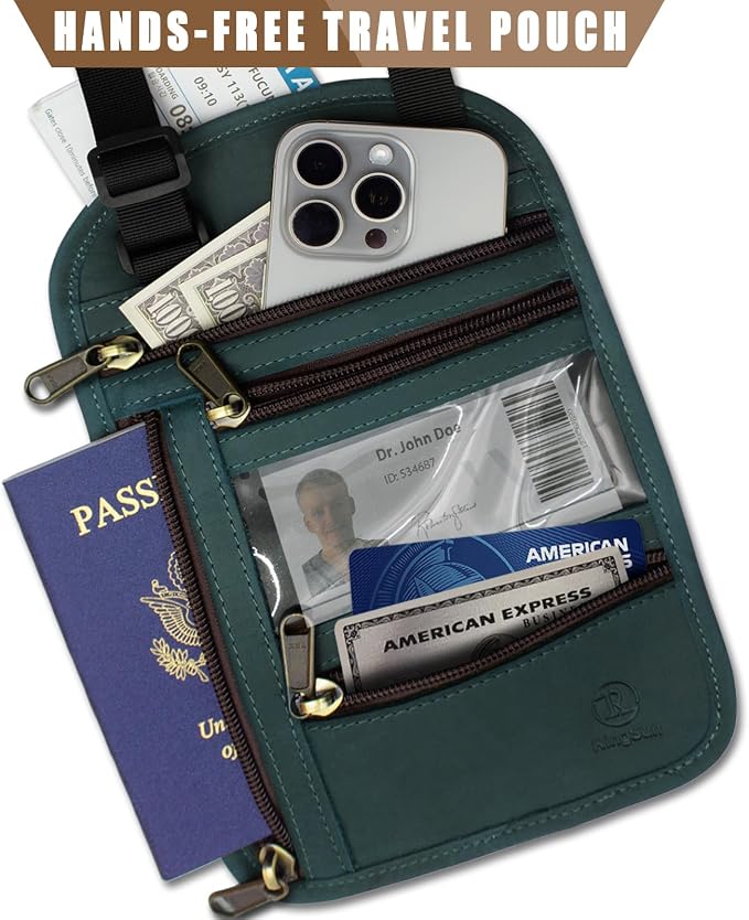 Ringsun Genuine Leather Passport Holder For Travel, RFID Blocking Slim Neck Wallet with Adjustable Strap for Women and Men, Travel Essentials to Keep Cash, Credit Cards and Documents Safe, Blue