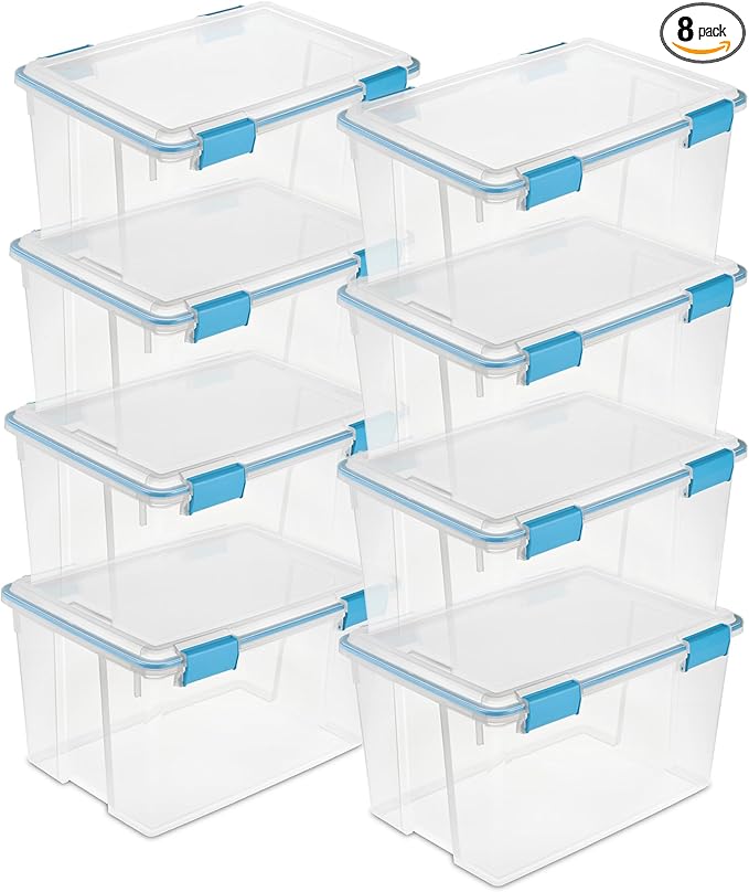 Sterilite 8-Pack Gasket Box, Weather-Resistant Storage Bins with Latching Lids, 54 Quart - Heavy-Duty Organizing Containers for Closet, Bathroom, and Office