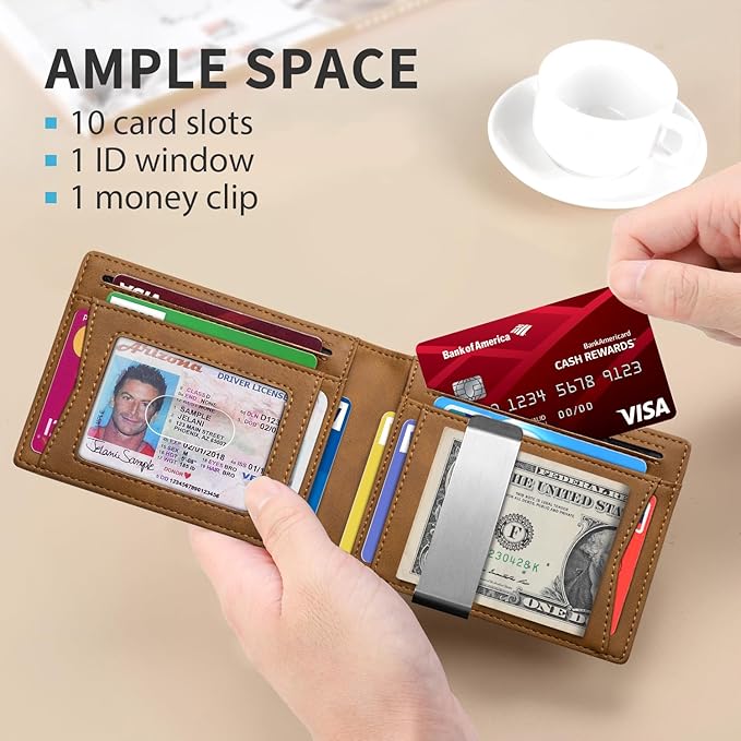 RUNBOX Slim Money Clip Wallets for Men RFID Blocking 11 Card Holder Minimalist Small Leather Bifold Men's Front Pocket Wallet Gift Box
