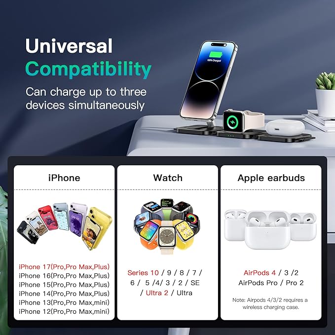 3 in 1 Charging Station for Apple Devices, Foldable Wireless Charging Station for iPhone 17/16/15/14/13/12, Apple Watch & AirPods with Magsafe Charger Stand, Travel Essentials Wireless Charger (Black)