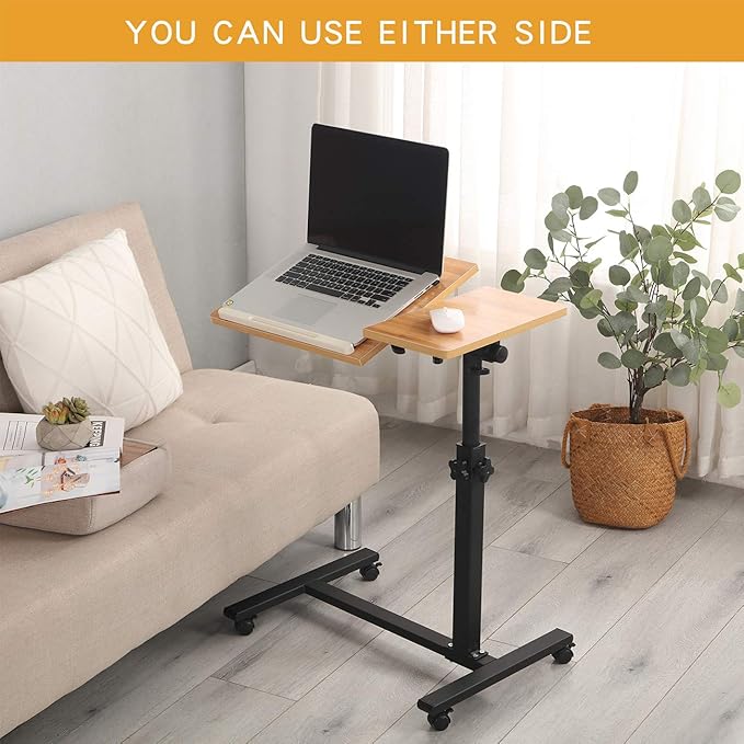 TigerDad Overbed Bedside Desk Mobile Rolling Laptop Stand Tilting Overbed Table with Wheels Height Adjustable Tray Table for Laptop Bed Sofa Side Table (Wood)