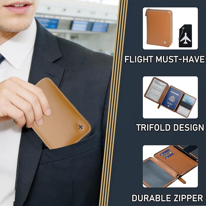 Pilot Wallet Passport Holder RFID Blocking Nappa Leather Travel Wallet, Stylish Travel Companion for Aviation Professionals (Brown Silver)