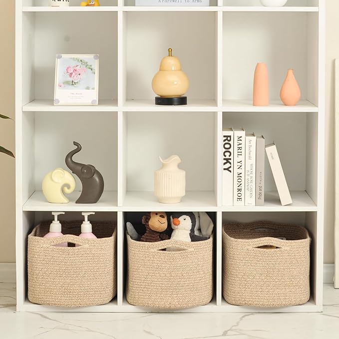 ICERZCZ Large Storage Baskets for Organizing Shelves, Woven Cotton Rope Bins for Baby Nursery Organization, Book Toy Towel Organizer, 17"x13"x9.5", 3 Packs, Brown