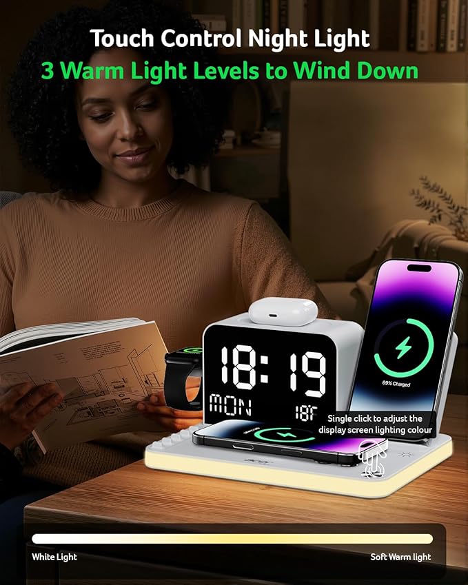 Acer 7-in-1 Wireless Charging Station with LED Clock - 30W Fast Wireless Charger for iPhone 16/15/14/13/12/Pro Max, Apple Watch, AirPods - Bluetooth Auto Time Sync & Night Lights (White)