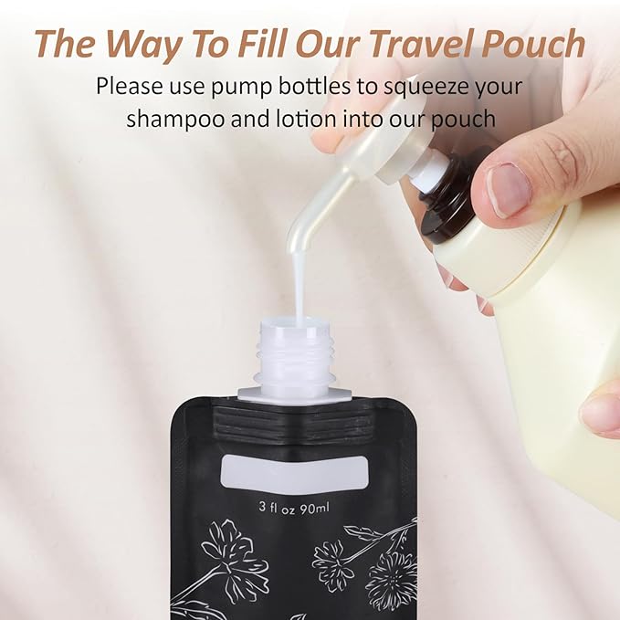 PACKISM 12 Pack Travel Pouches for Toiletries - 3 oz Leak Proof TSA Approved Liquid Containers, Squeeze Bags for Shampoo Lotion, Space Saving Refillable Carriers, Black Beige Chamomile