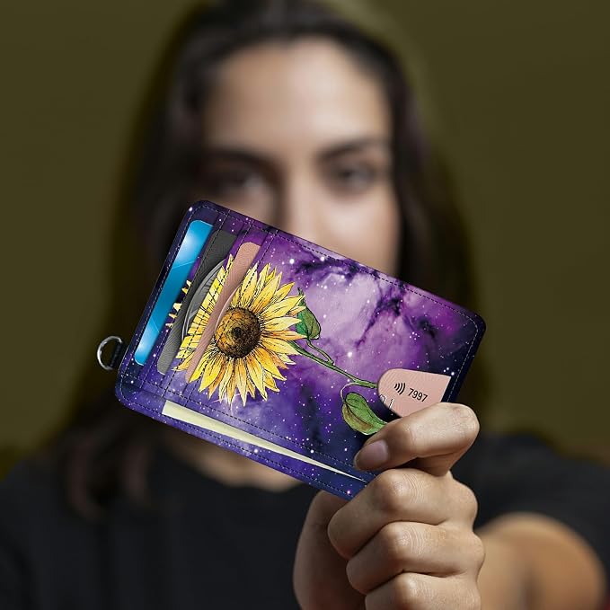 Small Travel Wallets, Sunflower Yellow Purple Galaxy Slim Minimalist Front Pocket Wallet with Wristlet, RFID Blocking PU Leather Credit Card Holder with ID Window Change Purse for Men Women