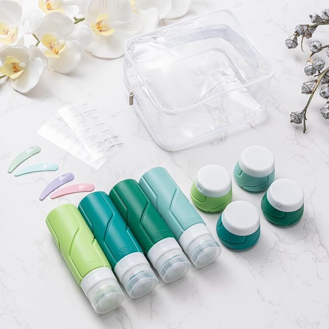 CADONO Travel Bottles - 15 Pack, TSA Approved Travel Size Toiletries, Leak Proof Silicone Squeezable Containers in Clear Bag(Green)