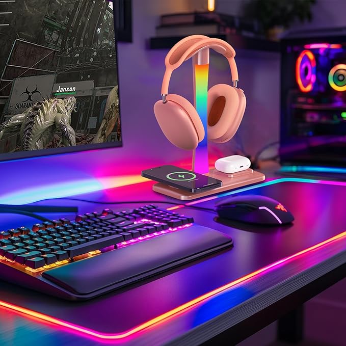 Headphone Stand with Wireless Charger,Gaming Headset stand with RGB Light Mode,For Airpod Max Stand Compatible with Airpod Pro/3/2,For iPhone 17/16/15/14/13/12/11,Gifts for Gamers & Music Lover (Gold)