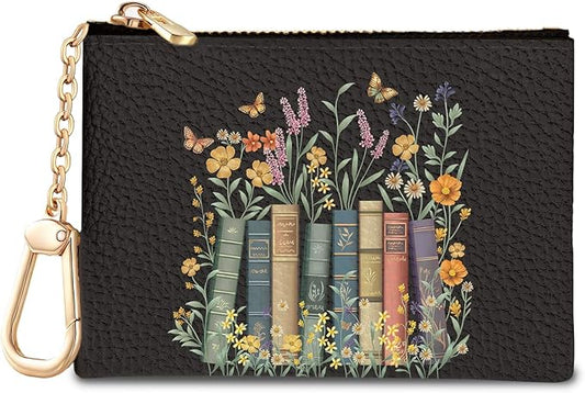 Book and Flower Keychain Coin Purse for Women, Small PU Leather Change Pouch, Zipper Little Tiny Travel Wallet for Girls, Cute Kawaii Zip Pocket Coin Holder with Key Ring