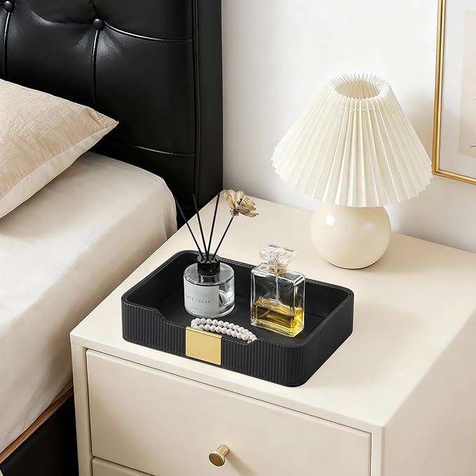 Valet Tray Desktop Storage Organizer, PU Leather Catchall Bedside Vanity Tray with Brass Accents Block Nightstand Organizer for Keys Watch Wallet Phone, Decorative Nightstand Storage (Black)