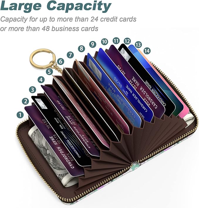 Nipichsha Women's Small RFID Blocking Credit Card Wallet, Plum Flower, Leather, Slim and Compact Size, 12-Slot with Privacy Protection
