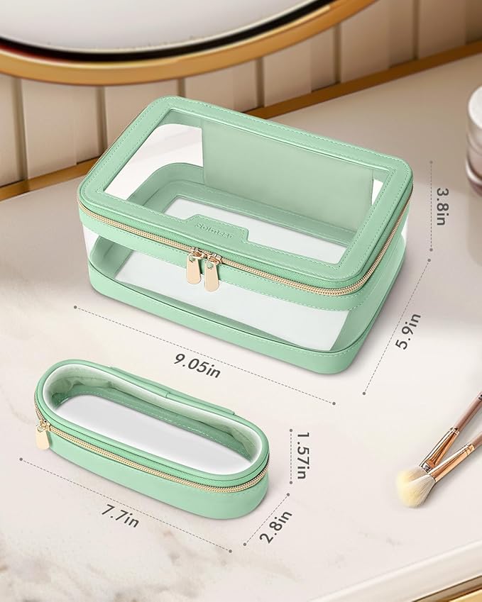 Soimeat Travel Clear Makeup Bag with Makeup Brush Bag, Leather Makeup Case Toiletry Bag, Portable Cosmetic Bag Case, Transparent Waterproof Cosmetic Organizer Storage Bag for Women, Mint Green