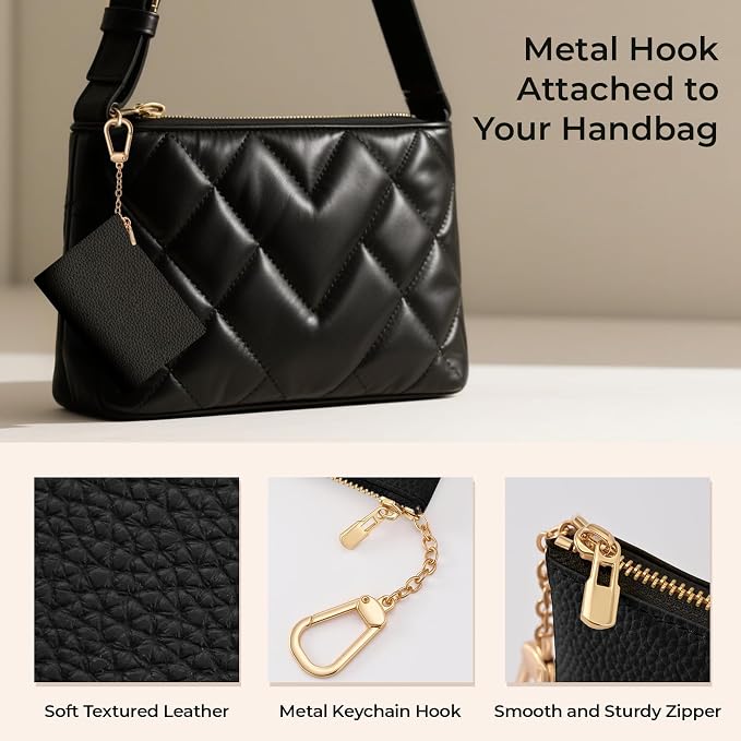 Black Keychain Coin Purse for Women, Small PU Leather Change Pouch, Zipper Little Tiny Travel Wallet for Girls, Cute Kawaii Zip Pocket Coin Holder with Key Ring