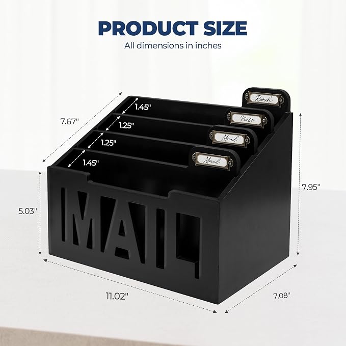 Mail Organizer Countertop – Black Holder for Desk with 4 Slots & Label Tags, Decorative Desktop Sorter, Bill Storage and Envelope Tray for Organized Home Office Accessories (11x7x8 in)