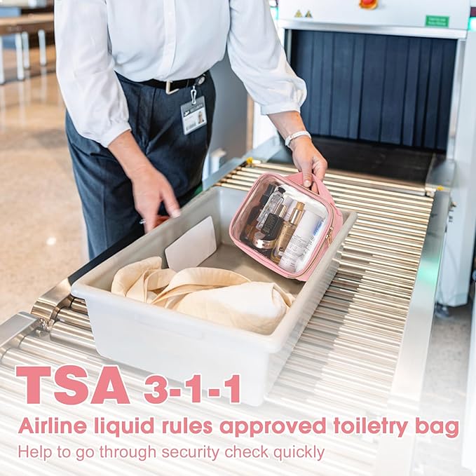 Wedama TSA Approved Toiletry Bag, 2 Pack Clear Makeup Bags with Handles, Quart Size Toiletry Bags, PVC Clear Cosmetic Bags for Women and Men, Carry on Airport Airline Compliant Bag, Pink