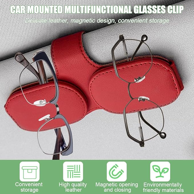 Sunglasses Holders for Car Visor, Magnetic Leather Vehicle Glasses Hanger with 2 Clips, Auto Interior Eyeglass Mount Organizer Accessories, Universal Fit (Red)