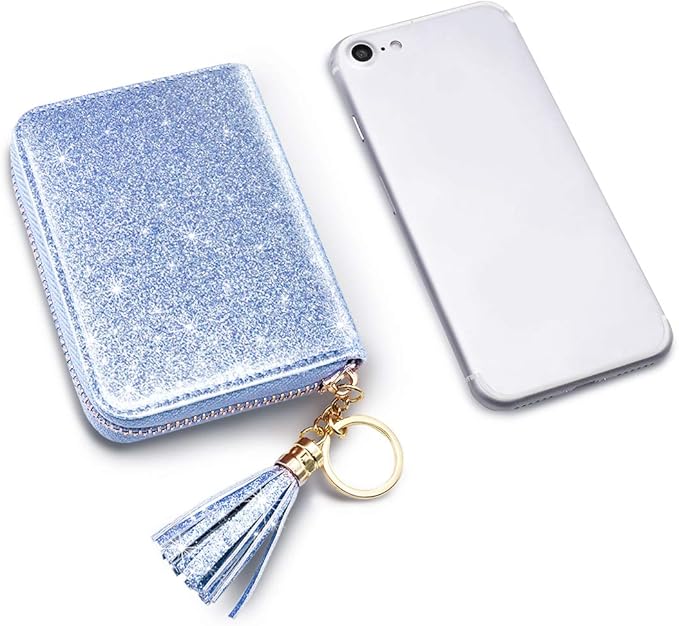 Coco Rossi Women's Small Credit Card Wallet ID Card Case for Girls RFID Glitter Cute Accordion Card Holder -Blue