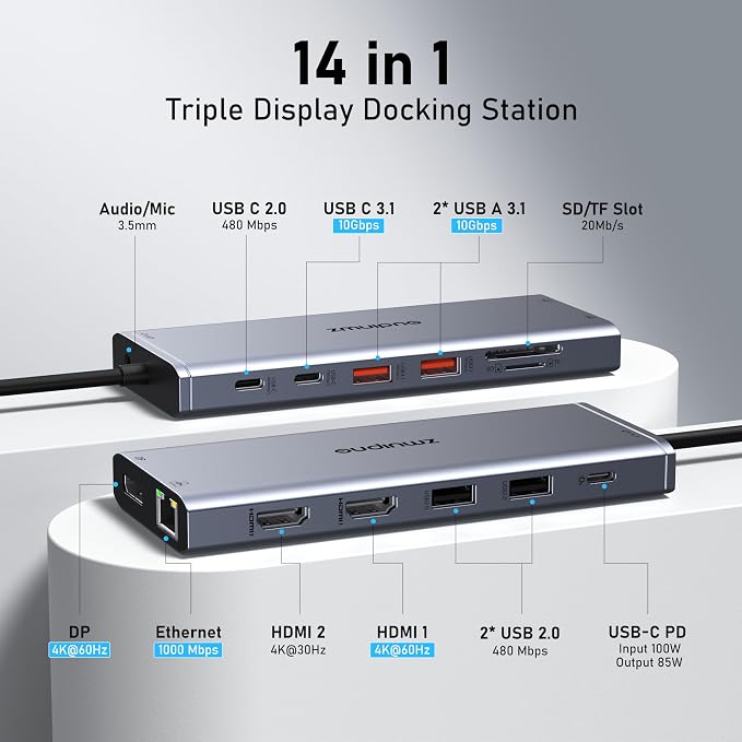 USB C Laptop Docking Station Dual Monitor HDMI for Dell/HP Laptop 14 in 1 USB C Hub 3 Monitors Dock Multiport Adapter Dongle USB C to 2 HDMI 4K+DisplayPort+Ethernet+4USB+2USB C+PD+SD/TF+Audio