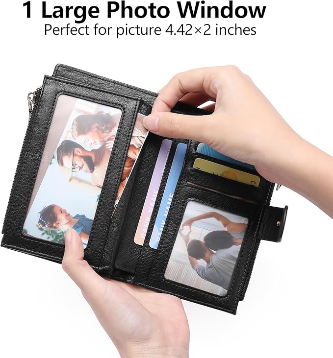 GOIACII Womens Wallets RFID Blocking Leather Trifold Clutch Wallet Credit Card Holder Ladies Purse 3 ID Windows Black