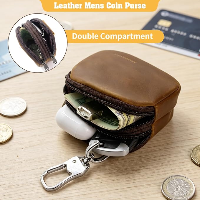 Jack&Chris Coin Purse for Men, Genuine Leather Mini Coin Wallet Zipper Pocket with Back Belt Loop, Coin Bag for Men and Women