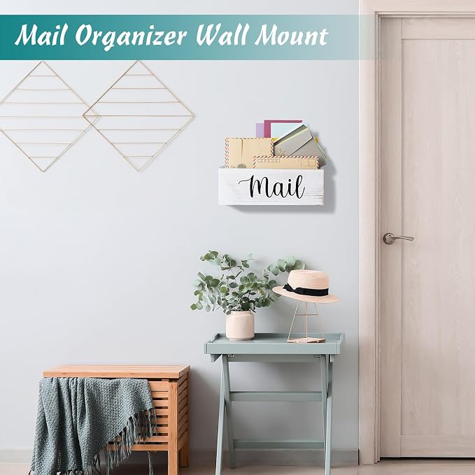 DRASTAR Mail Organizer Countertop, Mail Holder Wall Mount, Retro White Mail Sorter Organizer, Envelope Holder for Home Office