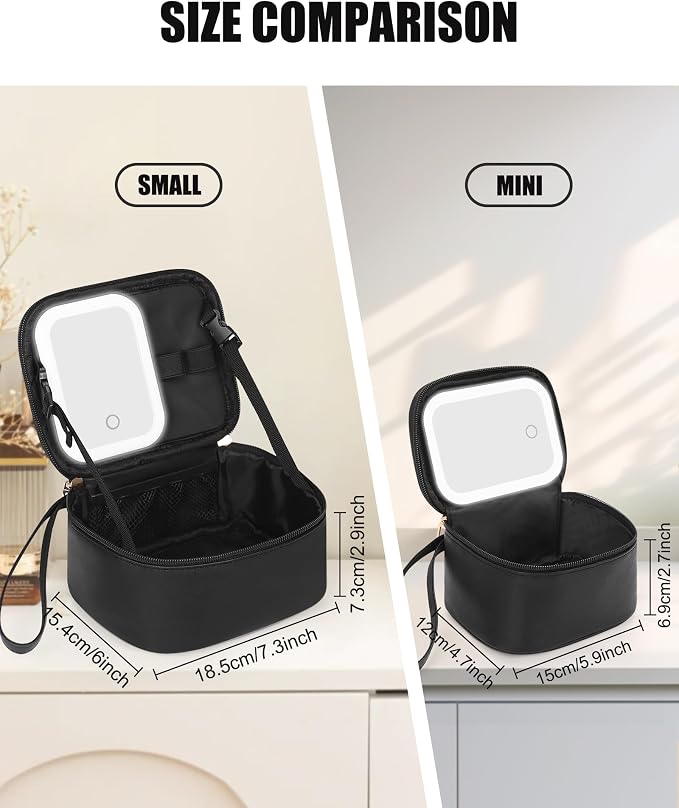 Relavel Small Makeup Bag with Led Mirror, Travel Cosmetic Case with 3 Light Modes and Adjustable Brightness, Foldable Makeup Pouch with Toiletries for Daily Use丨Work Touch-Ups丨Camping - Black