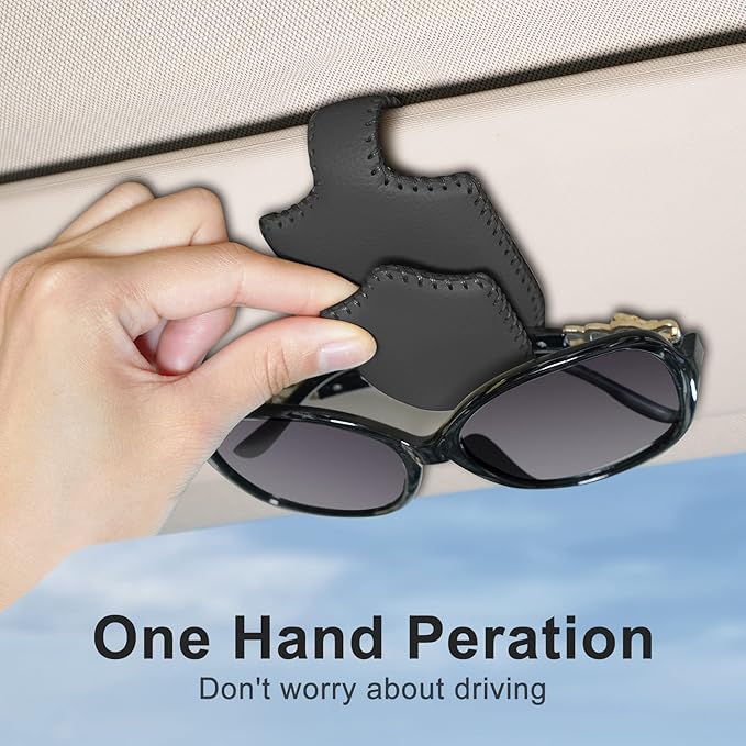 AMVOYOA Sunglass Holder for Car Sun Visor Sunglasses Clip Magnetic Leather Glasses Eyeglass Holder Hand Sewn Leather Ticket Card Clip Eyeglasses Mount- Suitable for Different Size Eyeglasses (Black)