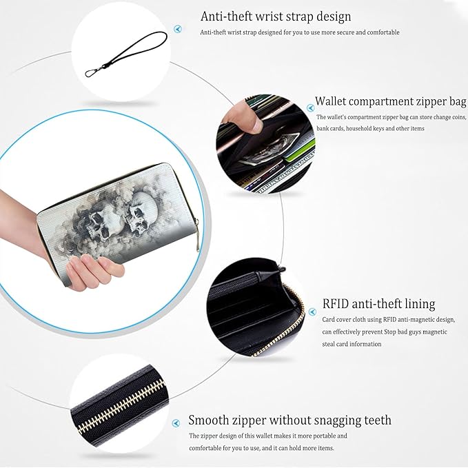 Bxgolkgd Womens Wallet, RFID Blocking Leather Wallet,Large Capacity Wallet Credit Card Holder PU Leather Ladies Clutch with Zipper Coin Pocket - Smoke Skull