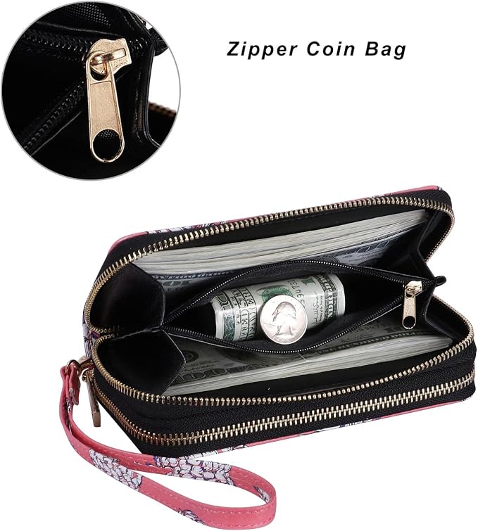 Cellphone Wallet for Women Dual Zipper Long Purse with Removable Wristlet