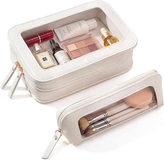 LETGO 2Pack Clear Makeup Bags Set,Portable Makeup Brush Bag,Portable Leather Travel Toiletry Bag Car Eessntials for Women (White)