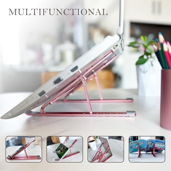 Laptop Stand for Desk, Ergonomic Lap Riser, Portable Laptop Stand, Aluminum Lightweight Foldable Notebook Support, Compatible with Laptop 10-15.6'' and Tablet, Phone (Pink)