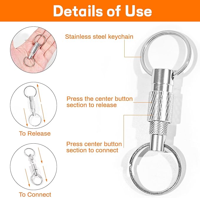 4 Pcs Quick Release Keychain Set – 2 Black & 2 Silver Detachable Pull Apart Key Rings for Keys, Bags, and Heavy Duty Everyday Carry