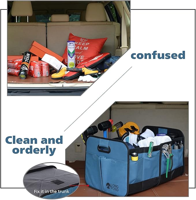 Long Pond Car Trunk Organizer, Storage for SUVs or Sedans, Foldable Cargo Containers with 9 Pockets and Reinforced Handles, with Non-Slip Bottom, Collapsible Storage for SUVs, Sedans, or Any Cars