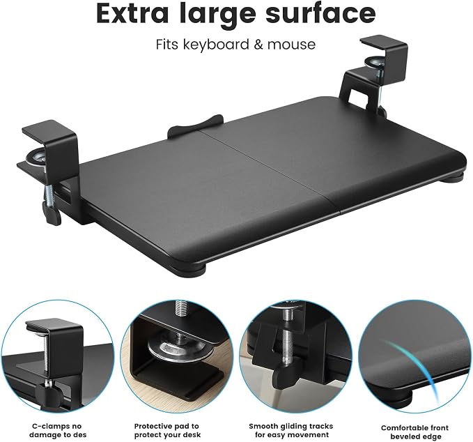 Keyboard Tray Under Desk, Slide Out Computer Keyboard & Mouse Tray with C Clamp-on Mount Easy to Install,24" W（Including Clamps） X 12"D Small Size,Black