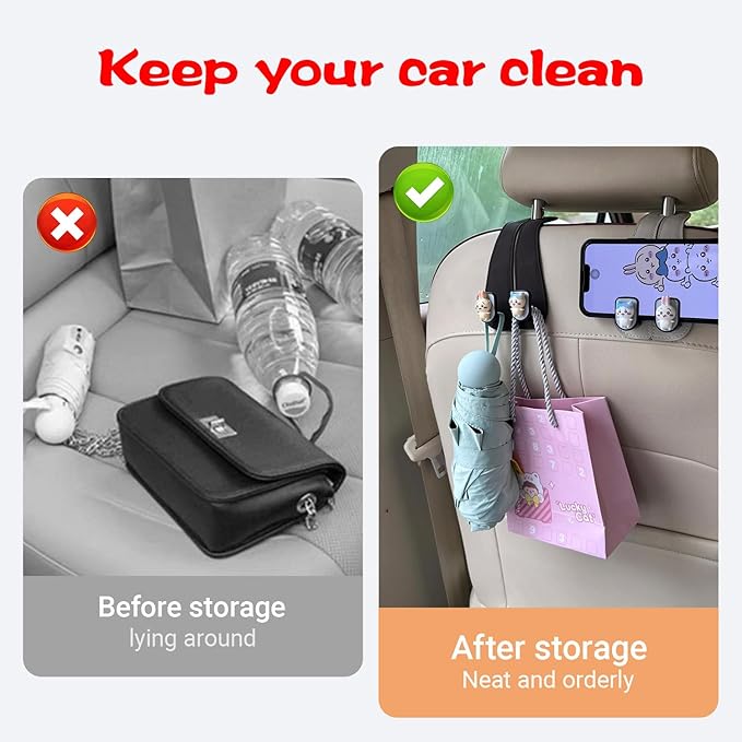 Leather Car Headrest Hooks, 2-in-1 Car Seat Back Purse Hooks with Double Metal Hangers, Universal Car Storage Holder for Bags, Handbags, Phones & Groceries(2PCS, Black)