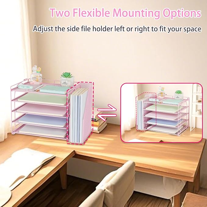 AUPSEN Pink Desk Organizers and Accessories, 5-Tier Desktop Paper File Organizer with Removable File Holder, Desk Accessories & Workspace Organization for Home Office Supplies (Pink)