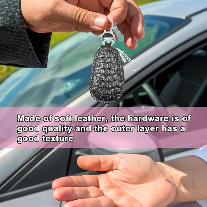 Leather Car Keychain Case Holder - Keyring Zipper Bag Auto Key Fob Cover Case with Metal Hook - Car Key Case Smart Key Fob Protector for Remote Key Fob (Black)