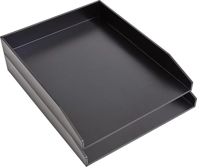 Staples Front‑Load Stackable Plastic Letter Tray, Black, 2‑Pack – Desktop Paper Organizer for Office Files & Documents