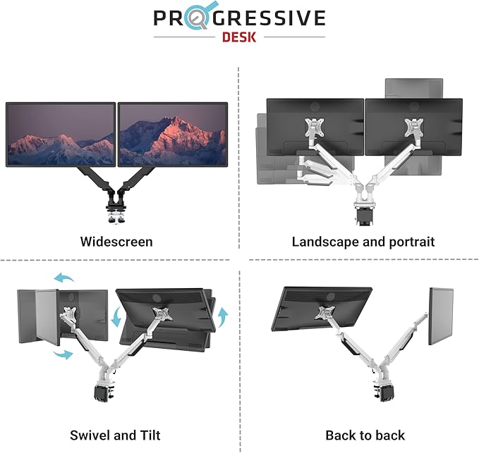 Progressive Desk Dual Monitor Arm - Gas Spring - Fits 17"-32" Monitors - 360° Rotation - Arm Holds Up to 40 lbs - VESA and Grommet Mount