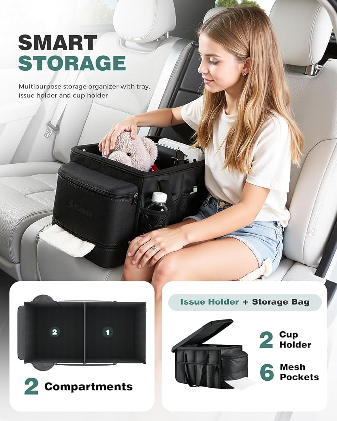 FLORICH Car Seat Organizer, Premium Backseat Car Organizer with Tray for Kids and Adults, Front Passenger Organizer with Tissue Box and Cup Holder and Mesh Pockets Waterproof