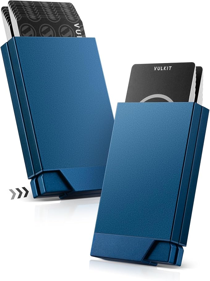 VULKIT Men's Double Sided Pop Up Credit Card Holder, Slim Twin Push Button Ejection Wallet Holder with RFID Blocking, Aluminium Alloy Frame Metal Card Case, Holds 12-16 Cards (Navy)