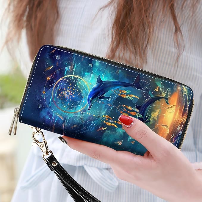 Women's Large Capacity Wallet PU Leather Double Zipper Clutch Purse Multifunctional Wallet with Removable Wristlet Strap for Smart Phone/Coin/Card/Cash, Dream Catcher Dolphin