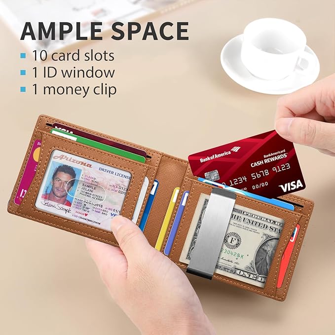 RUNBOX Slim Money Clip Wallets for Men RFID Blocking 11 Card Holder Minimalist Small Leather Bifold Men's Front Pocket Wallet Gift Box