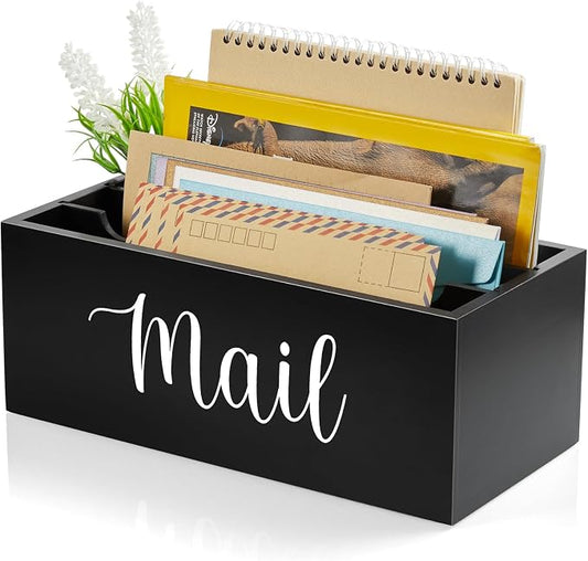 DRASTAR Mail Organizer Countertop, Wooden Mail Holder with 3 Slots, Desktop Mail Organizer, Black Mail Sorter for Home Office Accessories