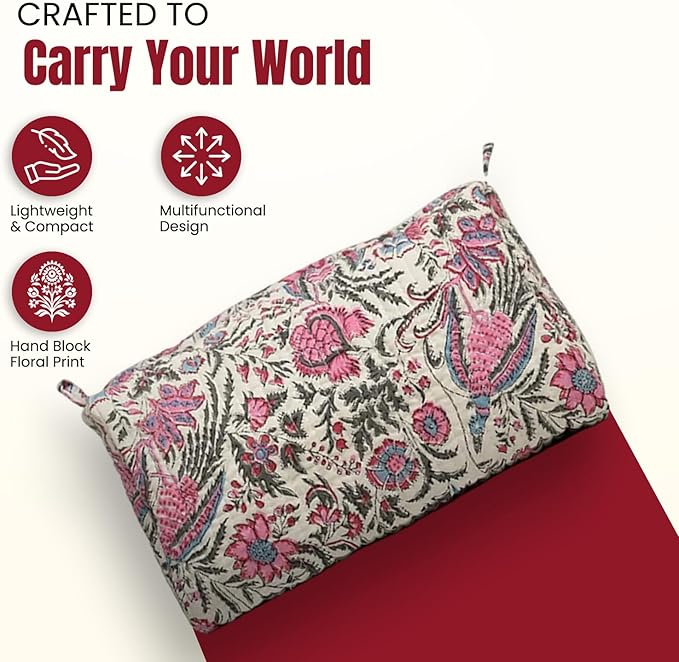 Cotton Hand Block Floral Print Toiletry Bag For Women Make Up Cosmetic Bag Jewelry Organizer Kit Storage Case Travel Accessories Essential Toiletries Purse Pouch (Multi - Set of 3, Small Medium Large)