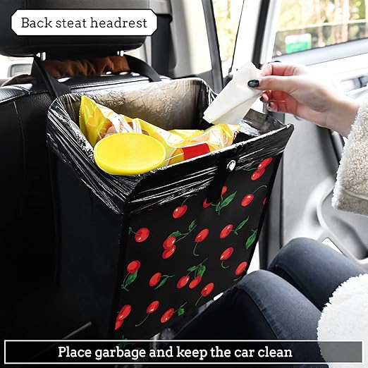 Cherry Black Car Trash Can, Foldable Hanging Car Trash Bag, Watercolor Fruit Leaves Small Waterproof Car Accessories Garbage Bin