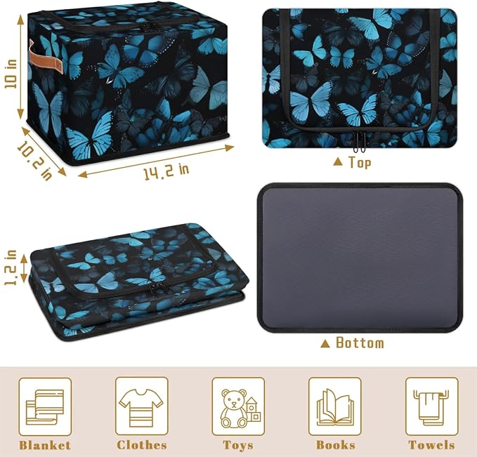 Blue Butterfly Storage Bins With Zipper Lid, Collapsible Trunk Organizer, Car Organizers and Storage Bins with Lids, Decorative Storage Boxes with Handle, Home Storage Baskets for Organizing